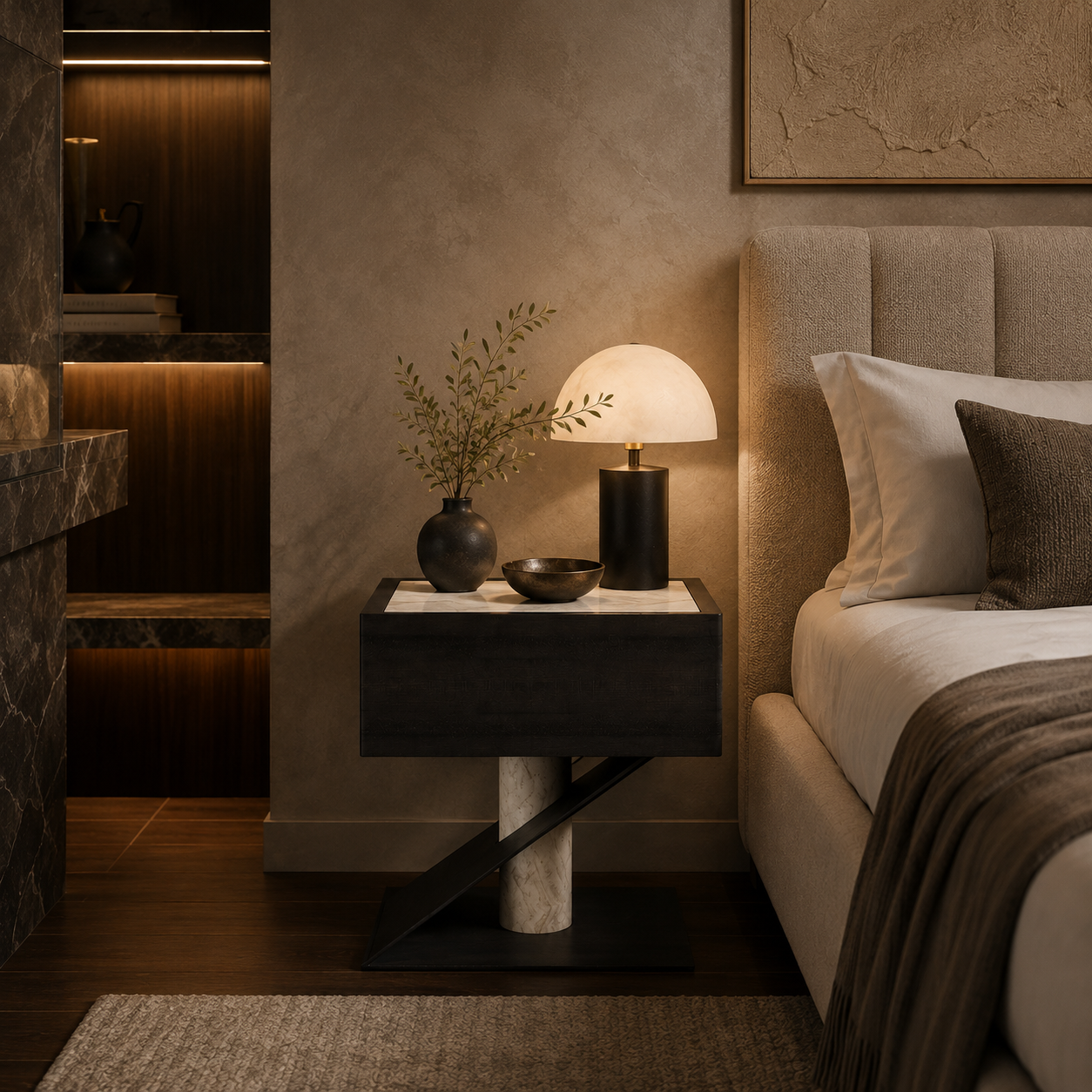 Eaton Marble & Wood Bedside Table