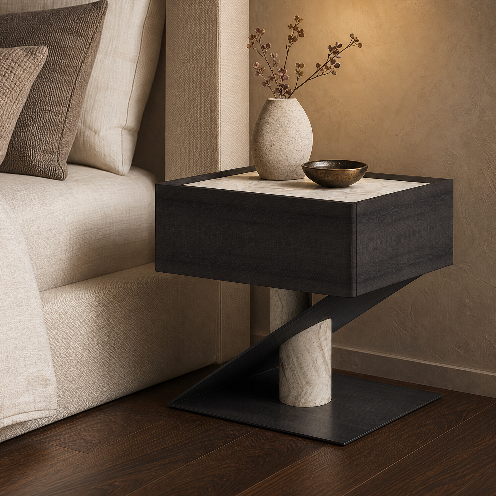 Eaton Marble & Wood Bedside Table