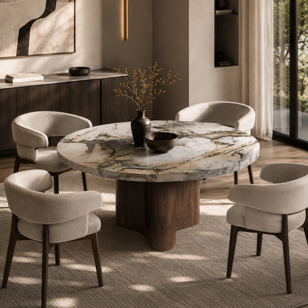Corbett Marble & Wood Round Dining Table
